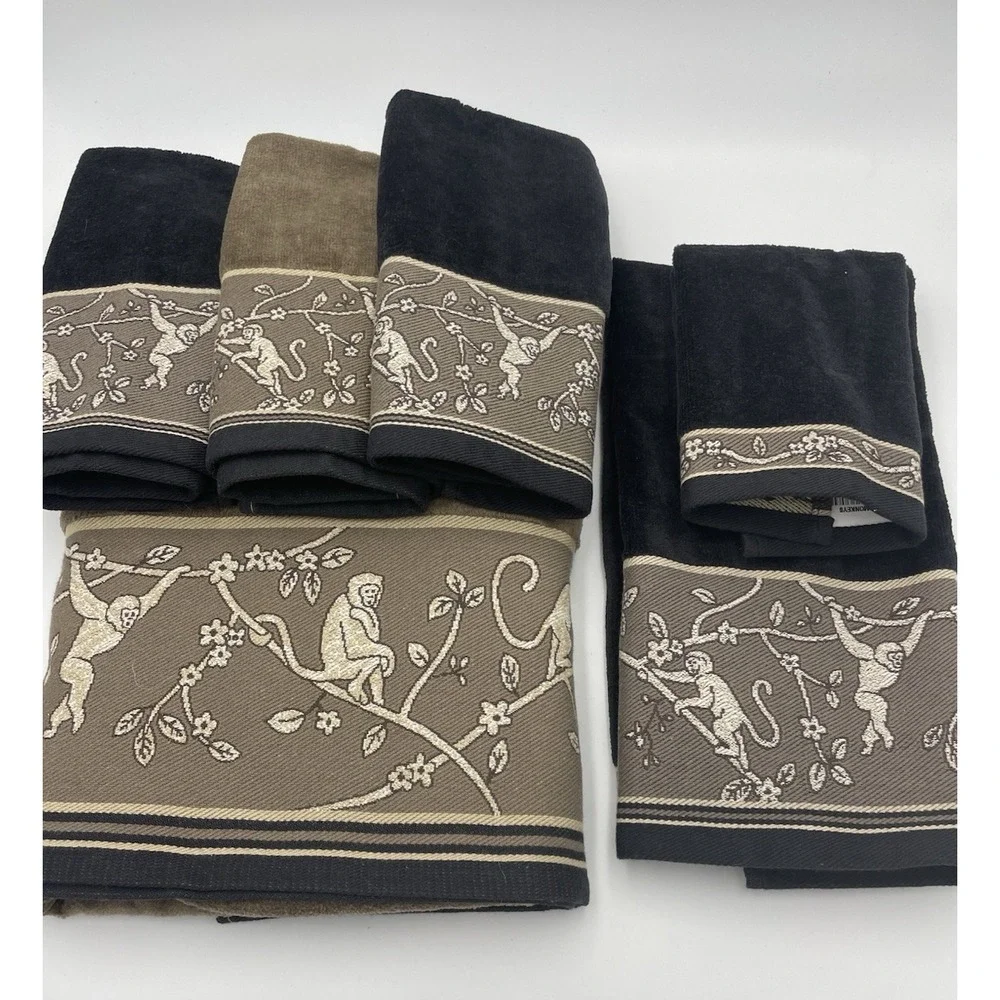 NOS Vintage Hampton Contessa‎ Manor Tapestry Monkeys Brown Towel Set of 6 NEW
